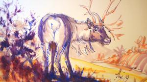 The Sunday Art Show - Reindeer loose and lively watercolor painting with no pencil drawing